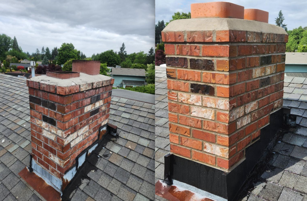 Before and after pictures of a brick chimney with a Portland masonry touch.