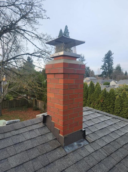 Before and after images of a chimney on a house roof, showing repair work from damaged bricks by a Portland Chimney Mason to restored condition.