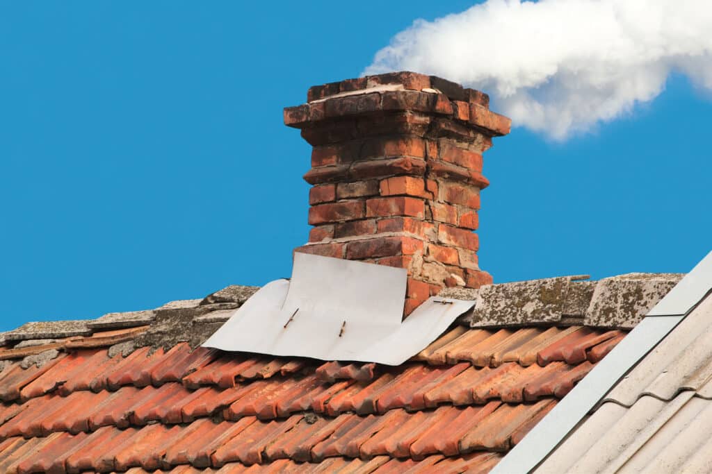 A brick chimney with white smoke rising from it is built on a red tile roof under a clear blue sky.