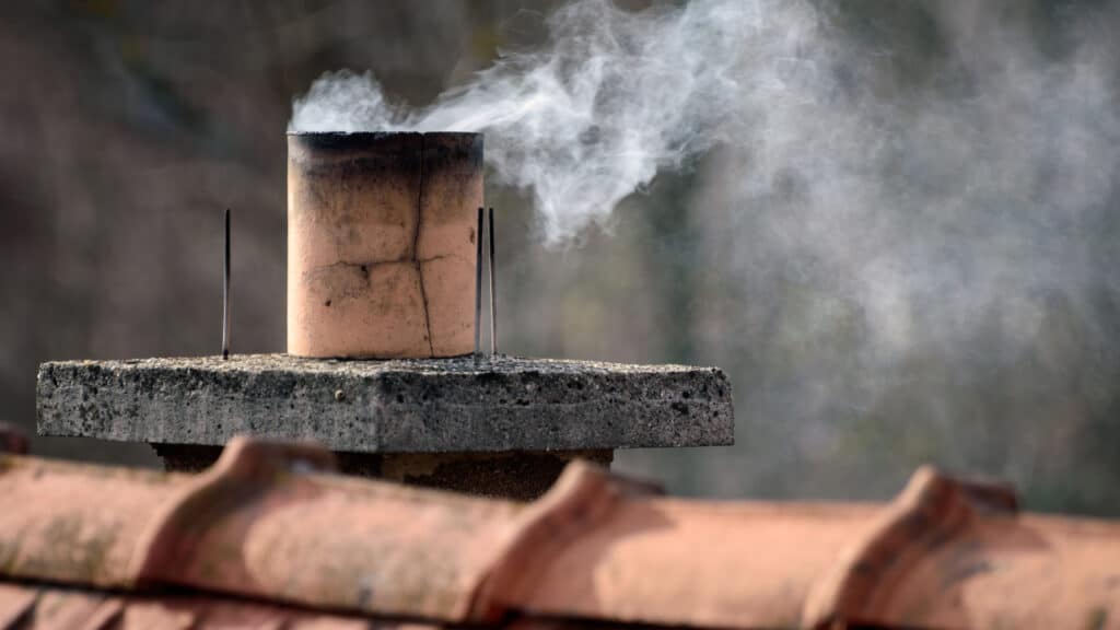 Close-up of a chimney emitting smoke from the top, with a background of blurry, muted-colored scenery. The chimney is set on a tiled rooftop.
