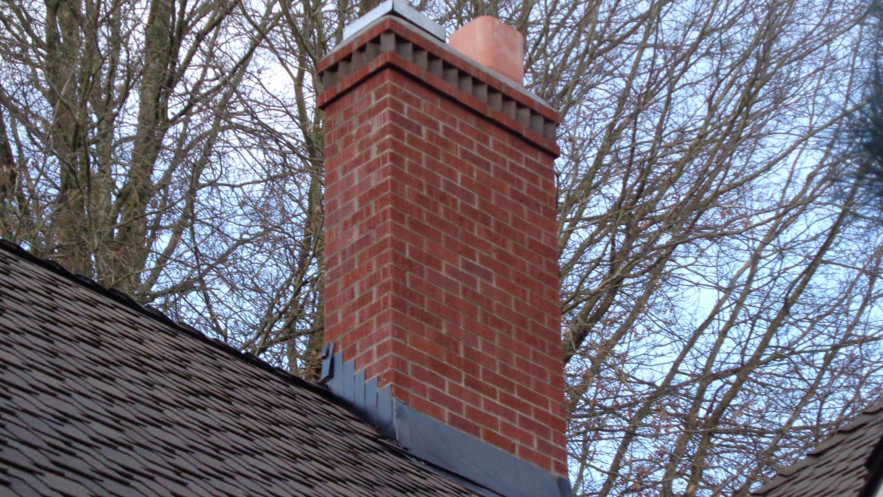 Red brick chimney on a shingled roof with bare trees in the background.