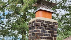 A brick chimney topped with a metal cap and mesh, set against a backdrop of green tree branches.