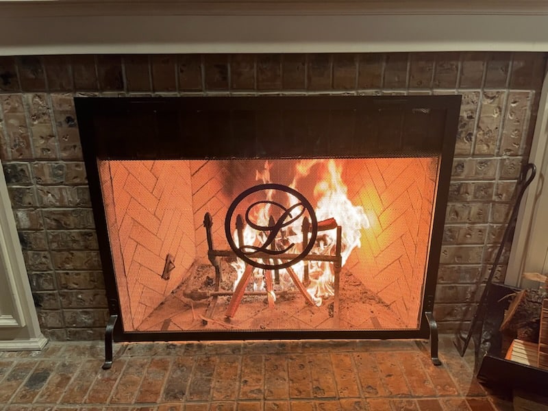 A lit fireplace with a metal mesh screen in front, displaying a decorative circular design, burning logs, and visible flames.