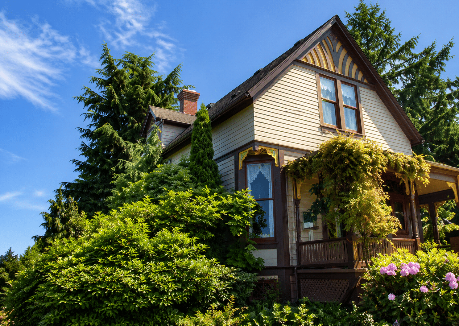 Restored brick chimney stack on Victorian home in Oregon City — new concrete crown visible at top.