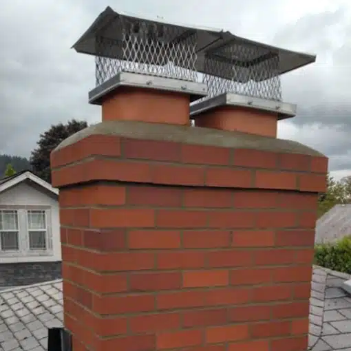 A red brick chimney with two metal chimney caps is seen on a rooftop under a cloudy sky; houses and trees are visible in the background.