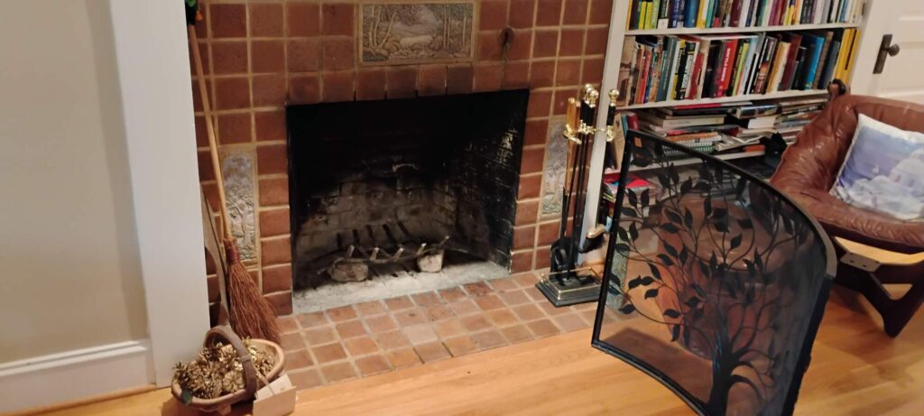 Brick fireplace with tools, a black tree-patterned screen, bookshelves filled with books, a brown leather chair, and a wicker basket with pine cones on a wooden floor.