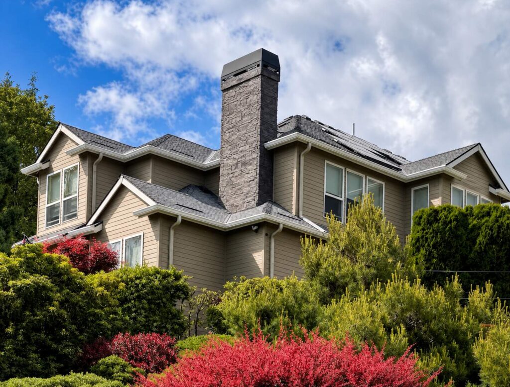 Two-story beige house with a prominent stone chimney, surrounded by lush green and red foliage under a partly cloudy sky.
