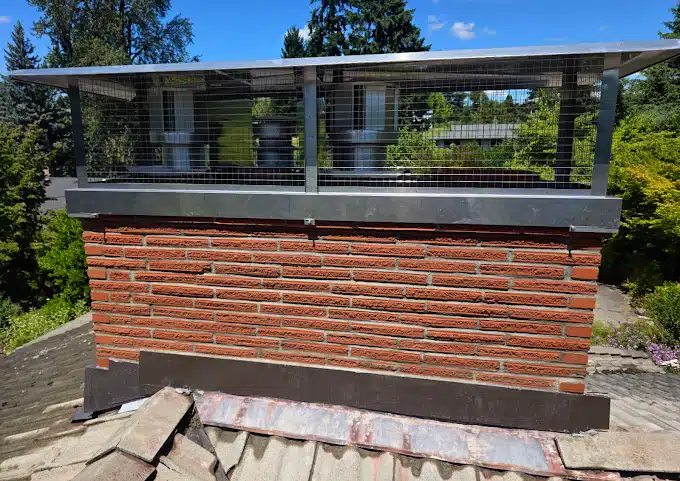 A red brick chimney with a metal cap and mesh guard on a sloped roof, surrounded by trees and houses under a blue sky.