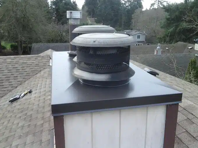 Close-up of a rooftop chimney with two round metal caps and mesh screens, surrounded by houses and trees in the background.