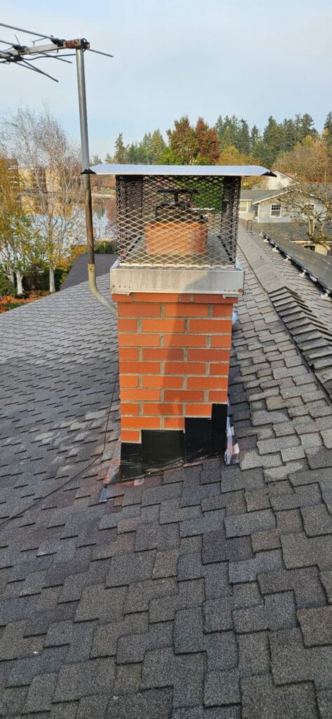 Red brick chimney with a metal cap and mesh on a shingled roof, surrounded by trees and neighboring houses in the background.